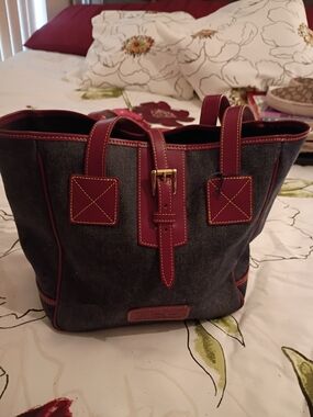 Women's  Dooney And bourke  Denim Tote Bag with Burgundy Trim